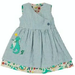 Frugi Seersucker Stripe Dino Nora Reversible Dress
