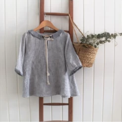 Belle Chiara Blue Denim and Linen Elbow Sleeve Blouse