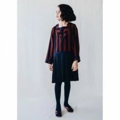 Belle Chiara Navy Russet Stripes Marine Pleated Dress