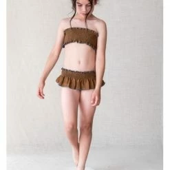Belle Chiara Ocher Cypress Linen Lycra Bikini for 6 to 8 Year Girls