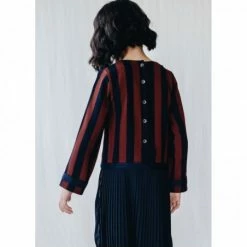 Belle Chiara Navy Russet Stripes Marine Pleated Dress